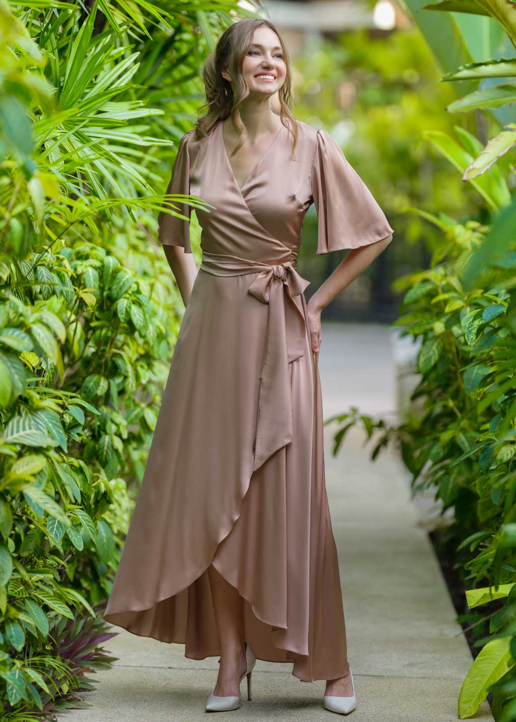 Cappuccino silk long wrap dress