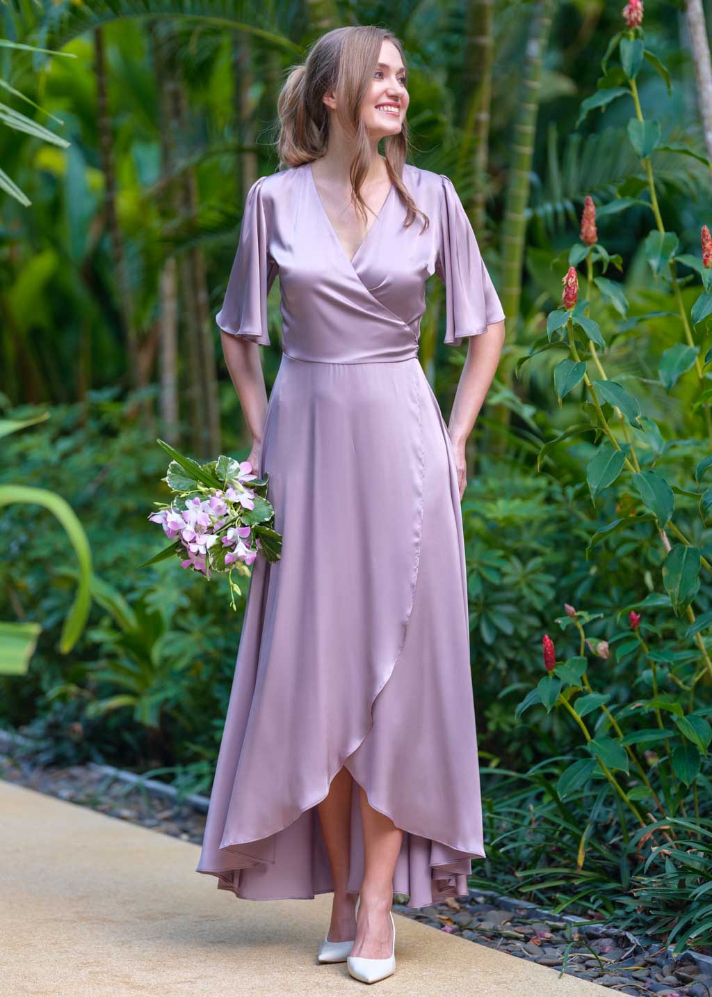 Taupe silk long wrap dress