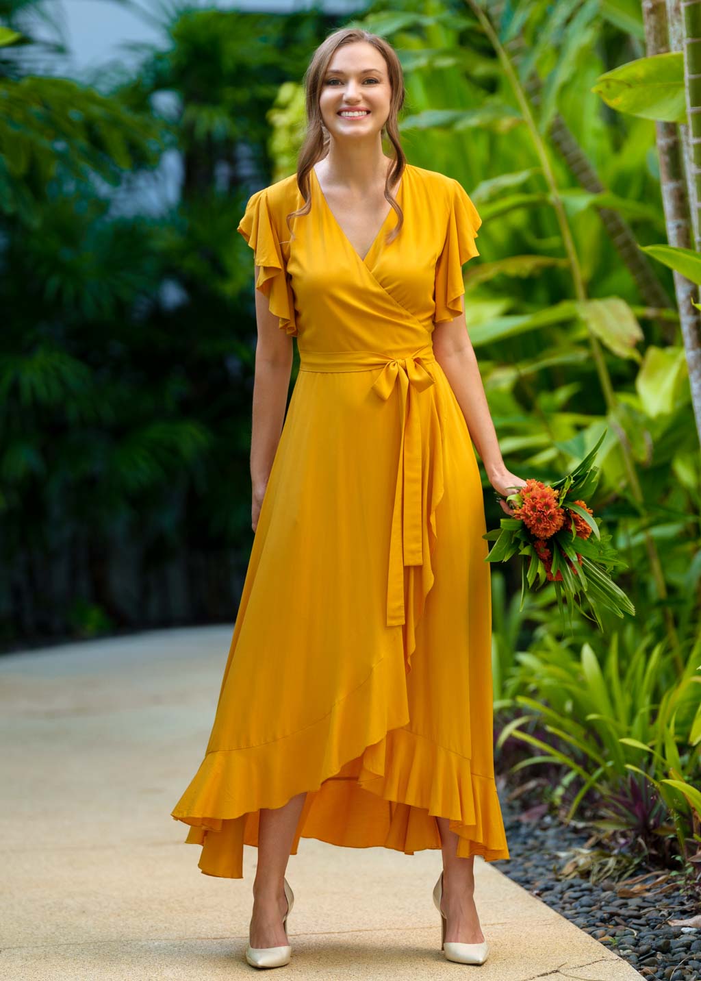Honey yellow romantic wrap dress