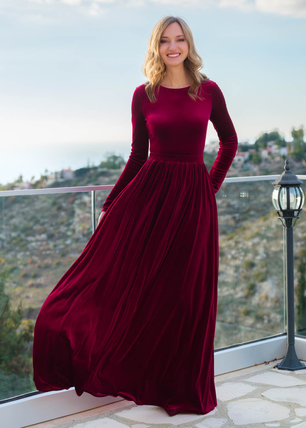 Burgundy velvet long bridesmaid dress