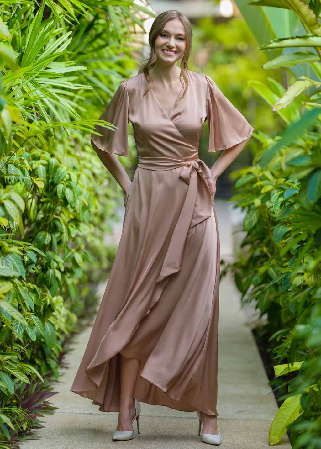 Cappuccino silk long wrap dress