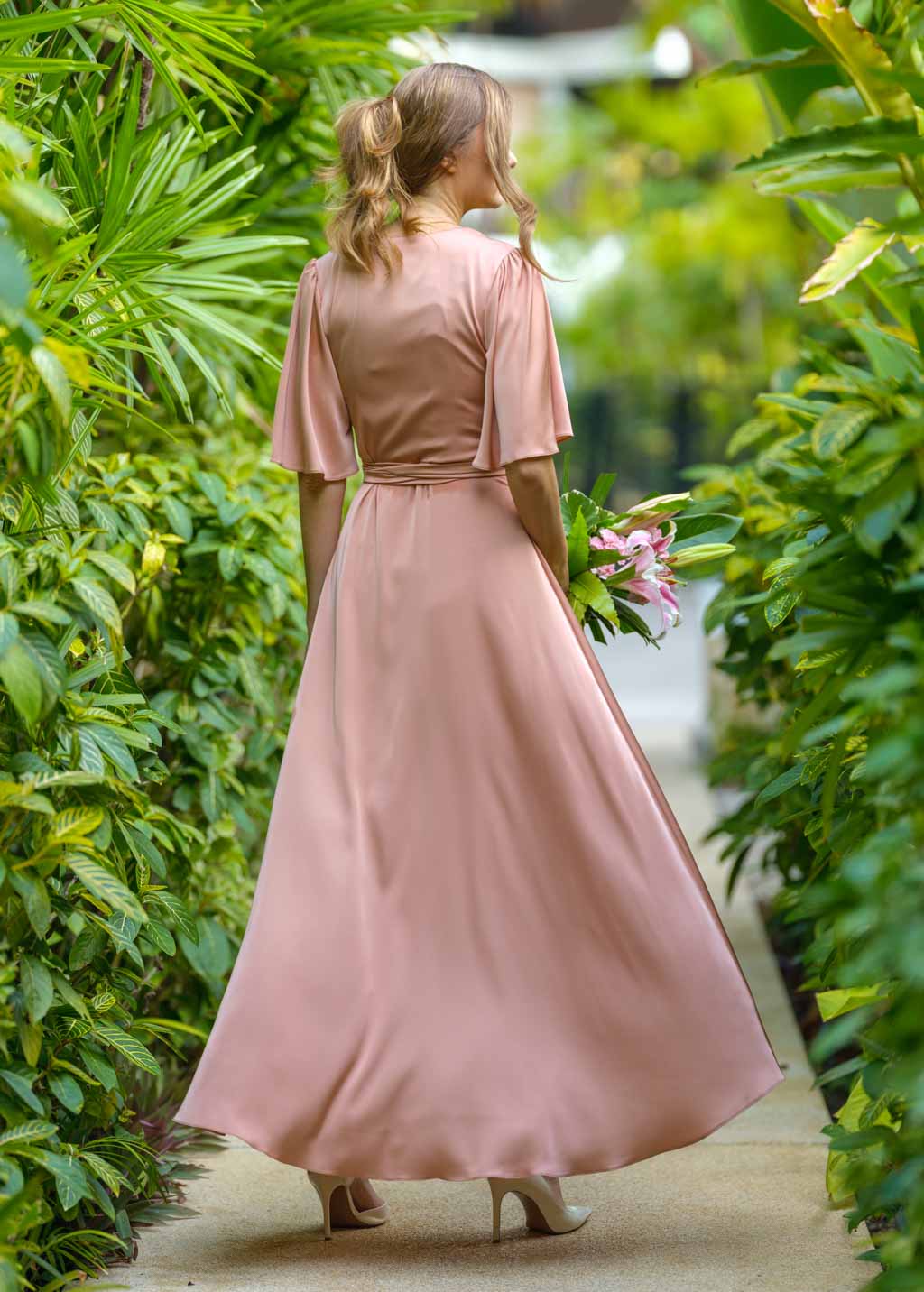 Rose gold silk long wrap dress