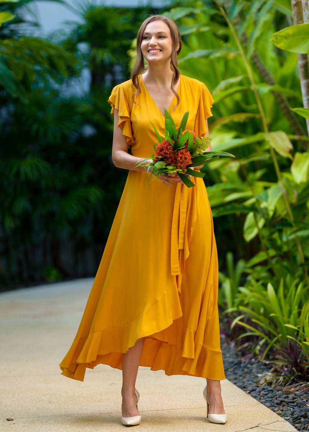 Honey yellow romantic wrap dress