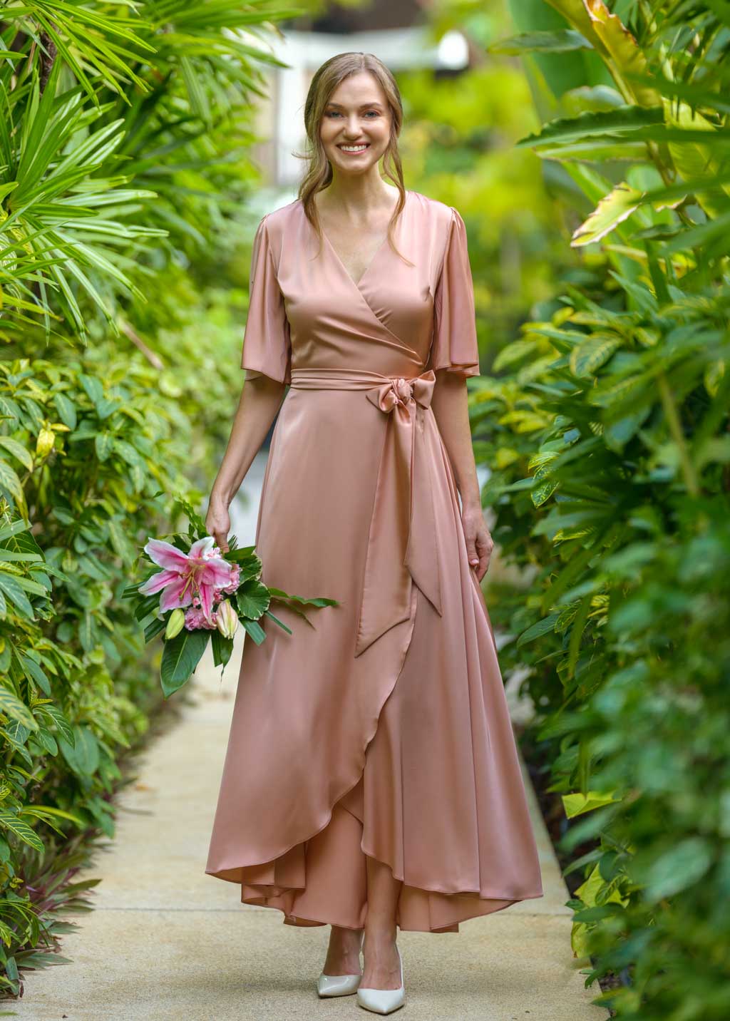 Rose gold silk long wrap dress