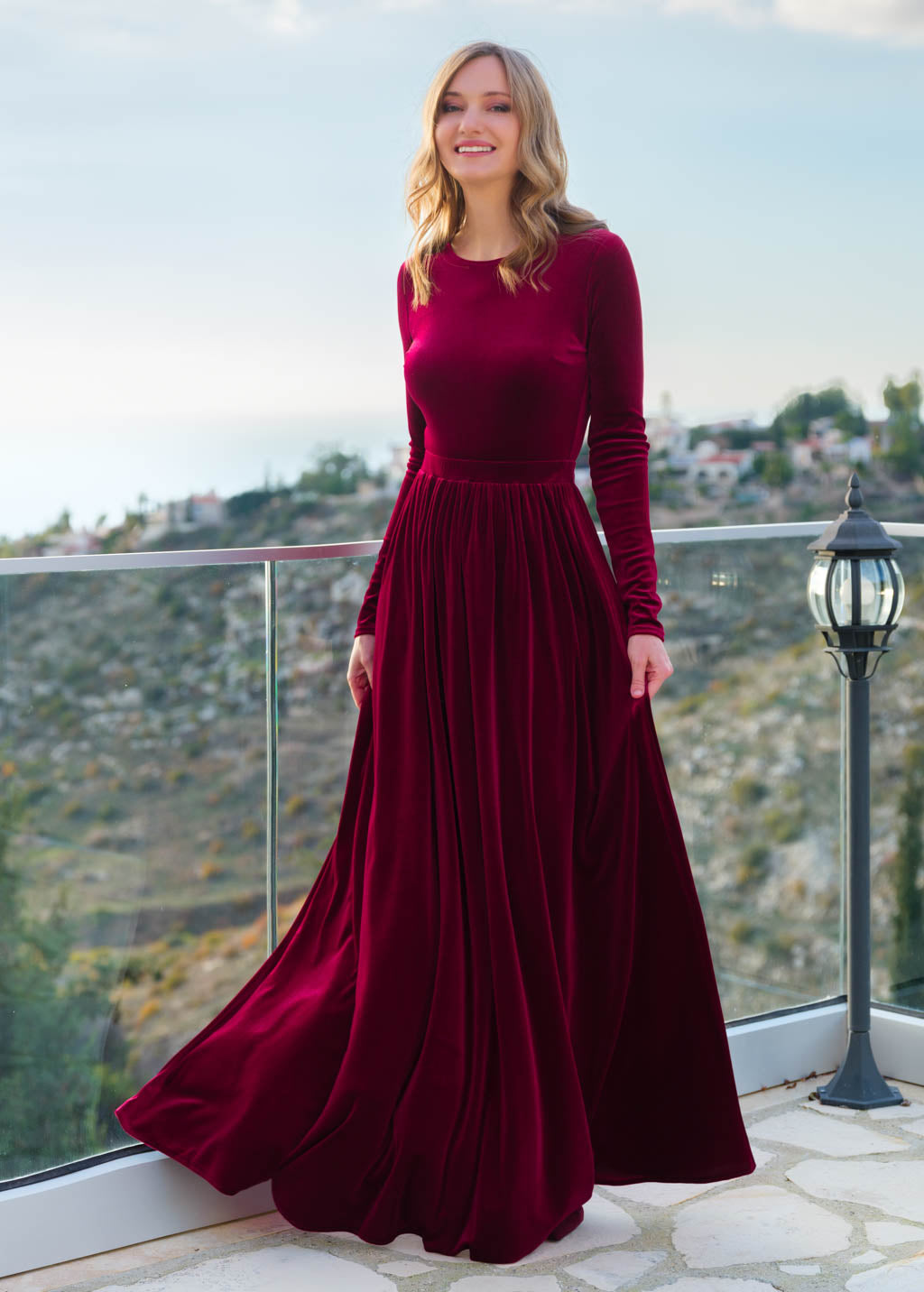 Burgundy velvet long bridesmaid dress