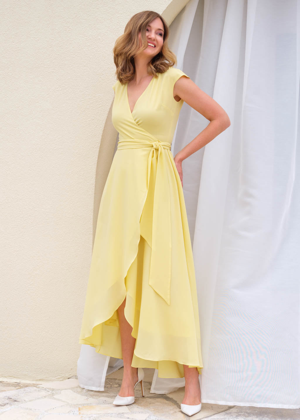 Lemon sorbet chiffon wrap dress