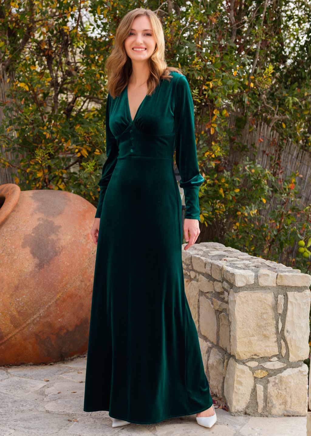 Emerald green velvet long dress