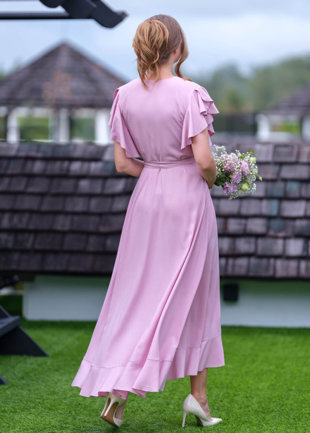 Rose pink romantic wrap dress