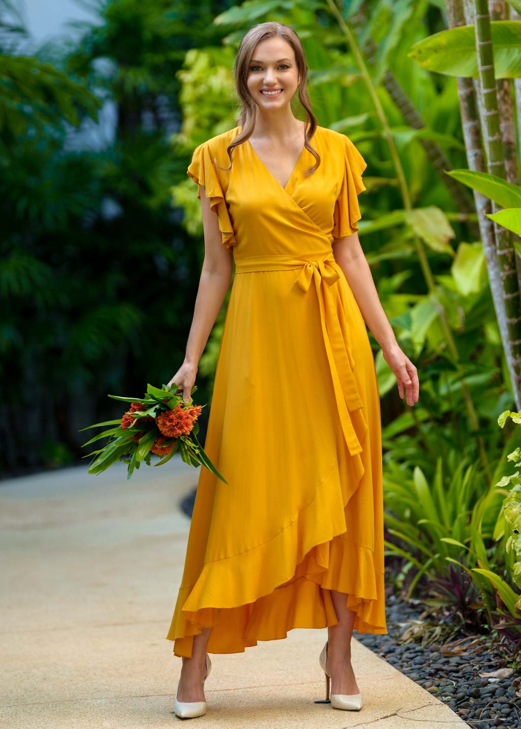 Honey yellow romantic wrap dress