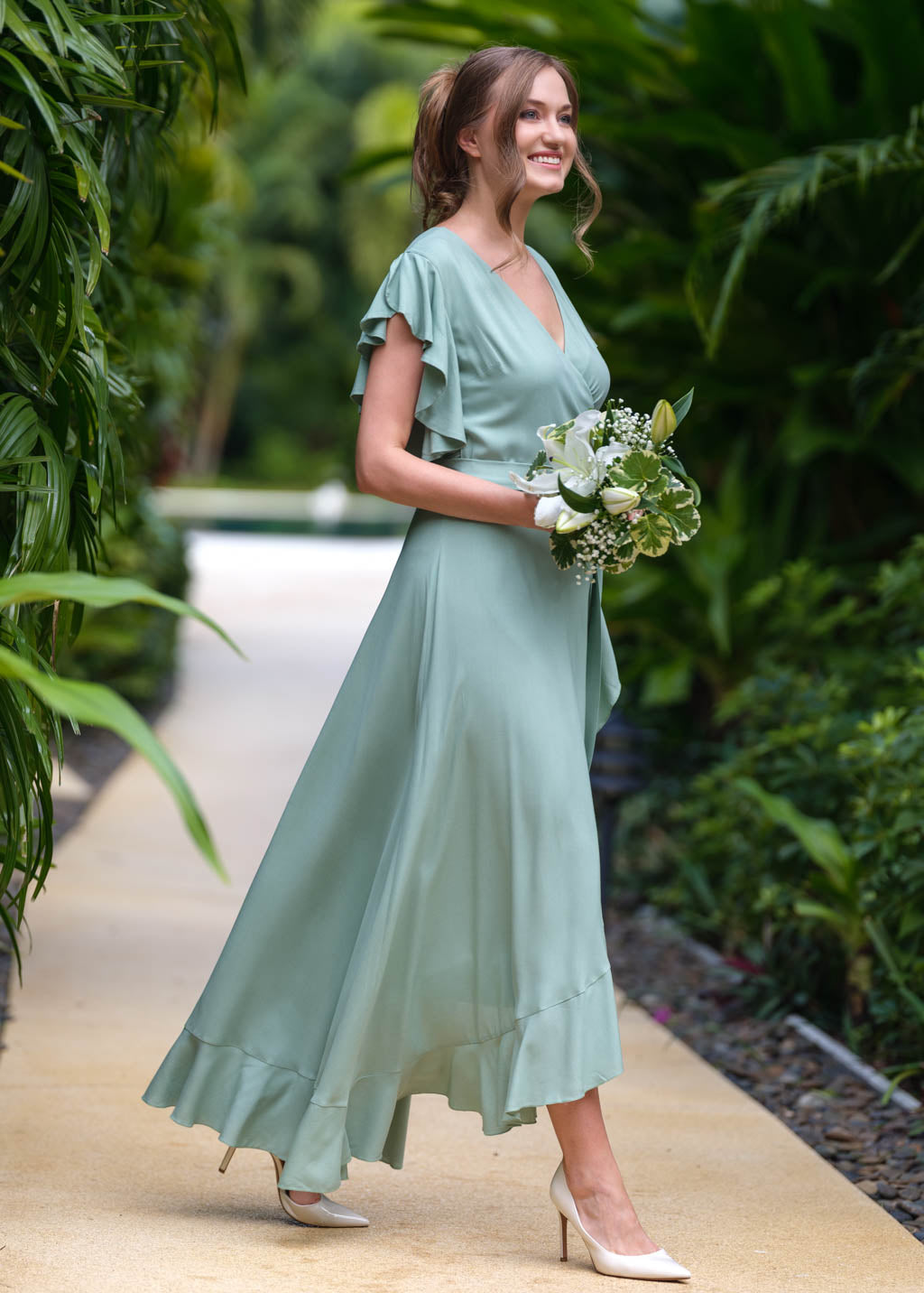 Sage green romantic wrap dress, bridesmaids dress, maxi dress, long dress, wedding guest dress, formal dress, evening summer dress ENME.ME Sage green romantic wrap dress, bridesmaids dress, maxi dress, long dress, wedding guest dress, formal dress, evening summer dress ENME.ME