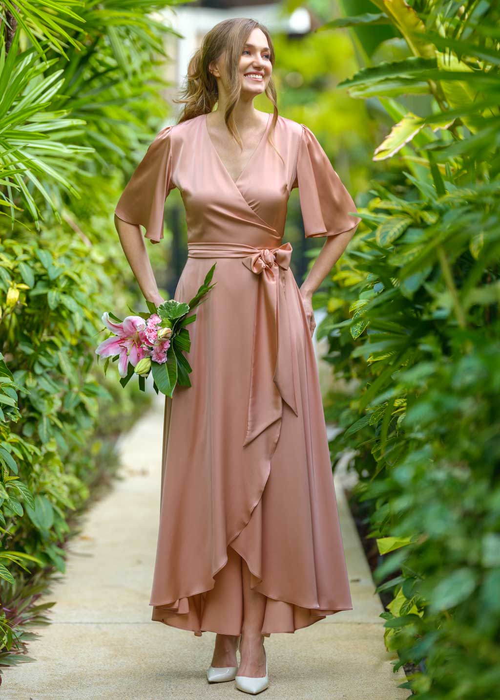 Rose gold silk long wrap dress
