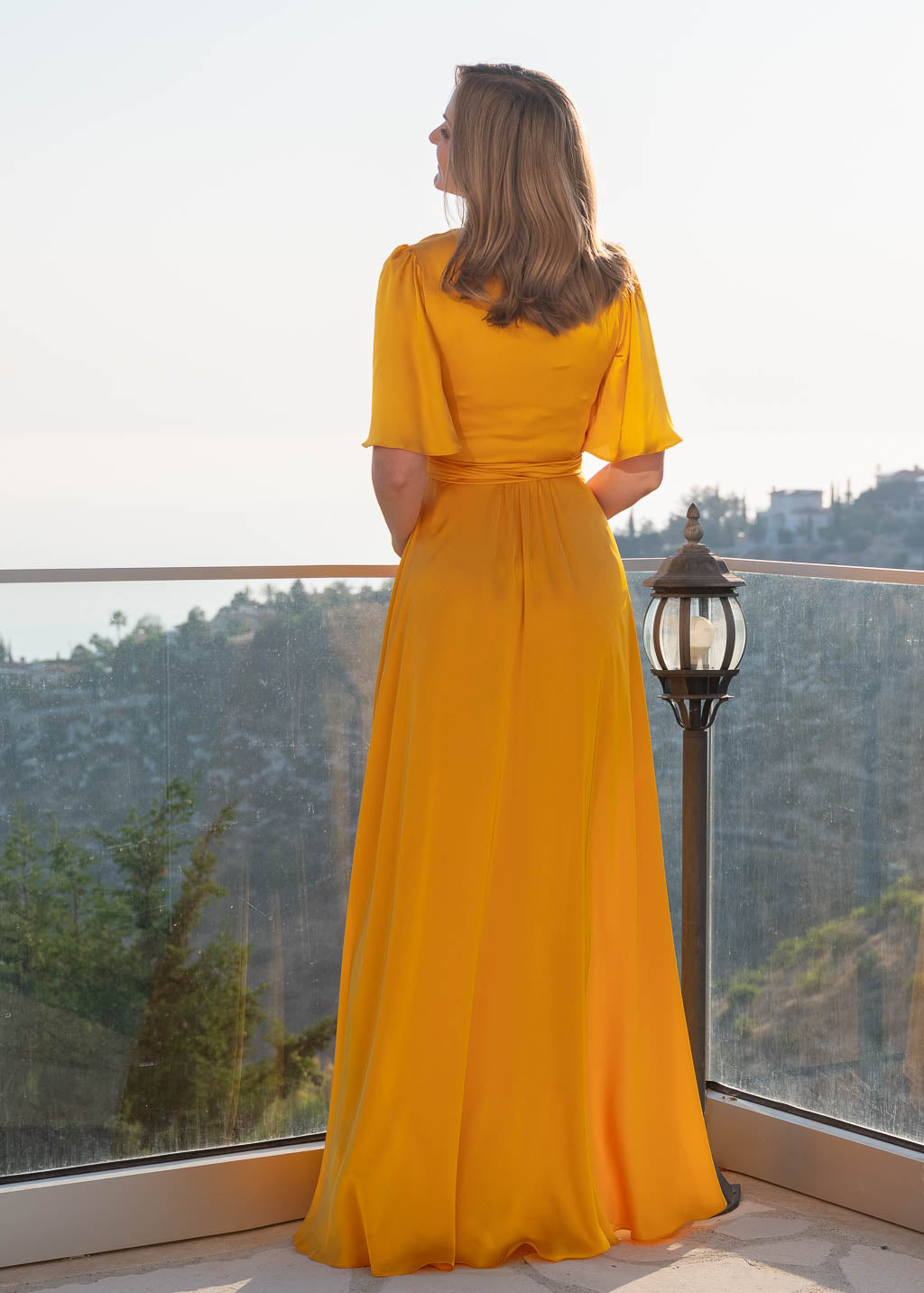 Sunflower yellow silk satin gown for weddings & special occasions
