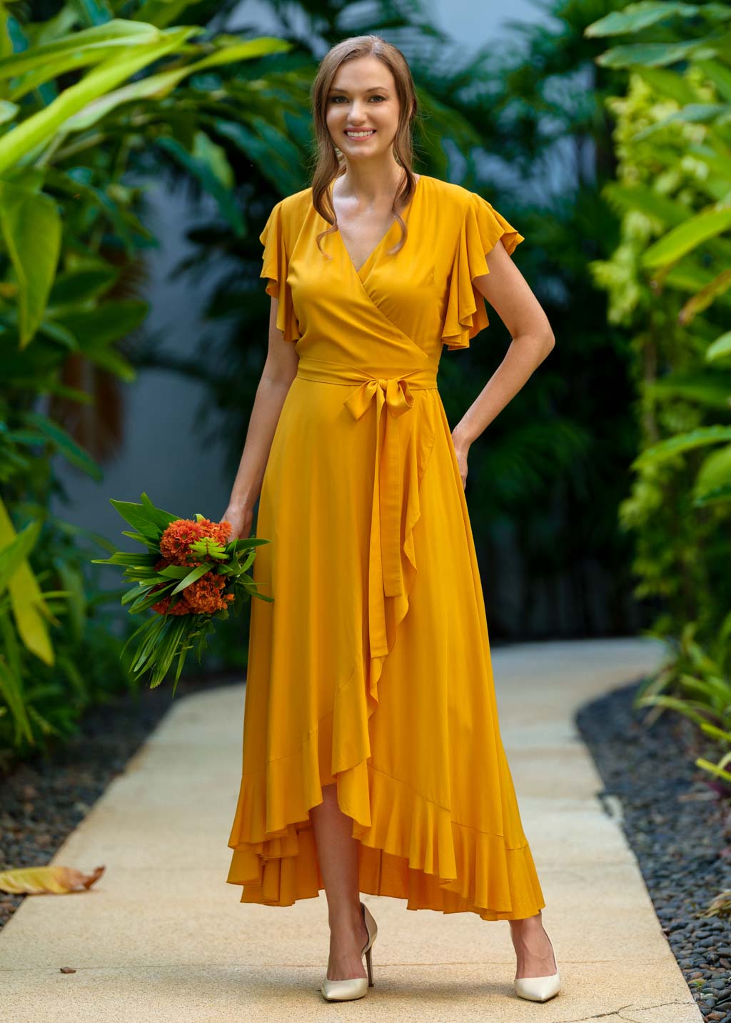 Honey yellow romantic wrap dress