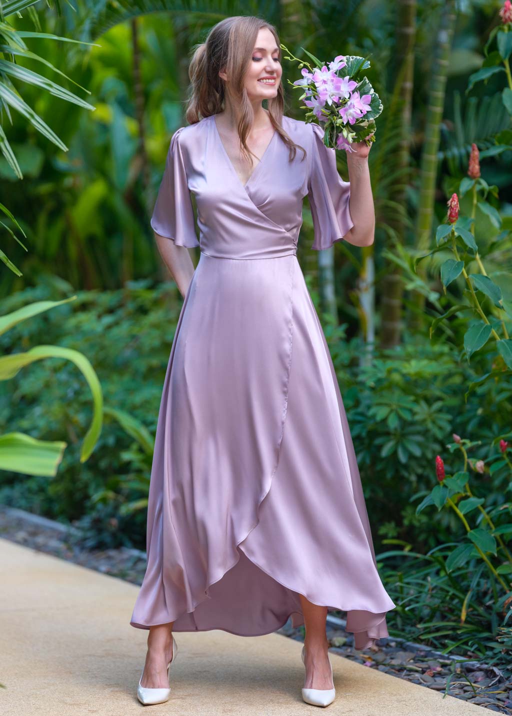 Taupe silk long wrap dress