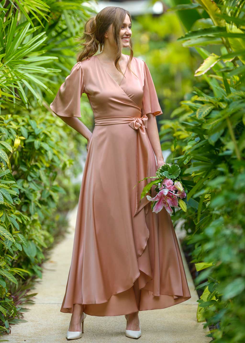 Rose gold silk long wrap dress