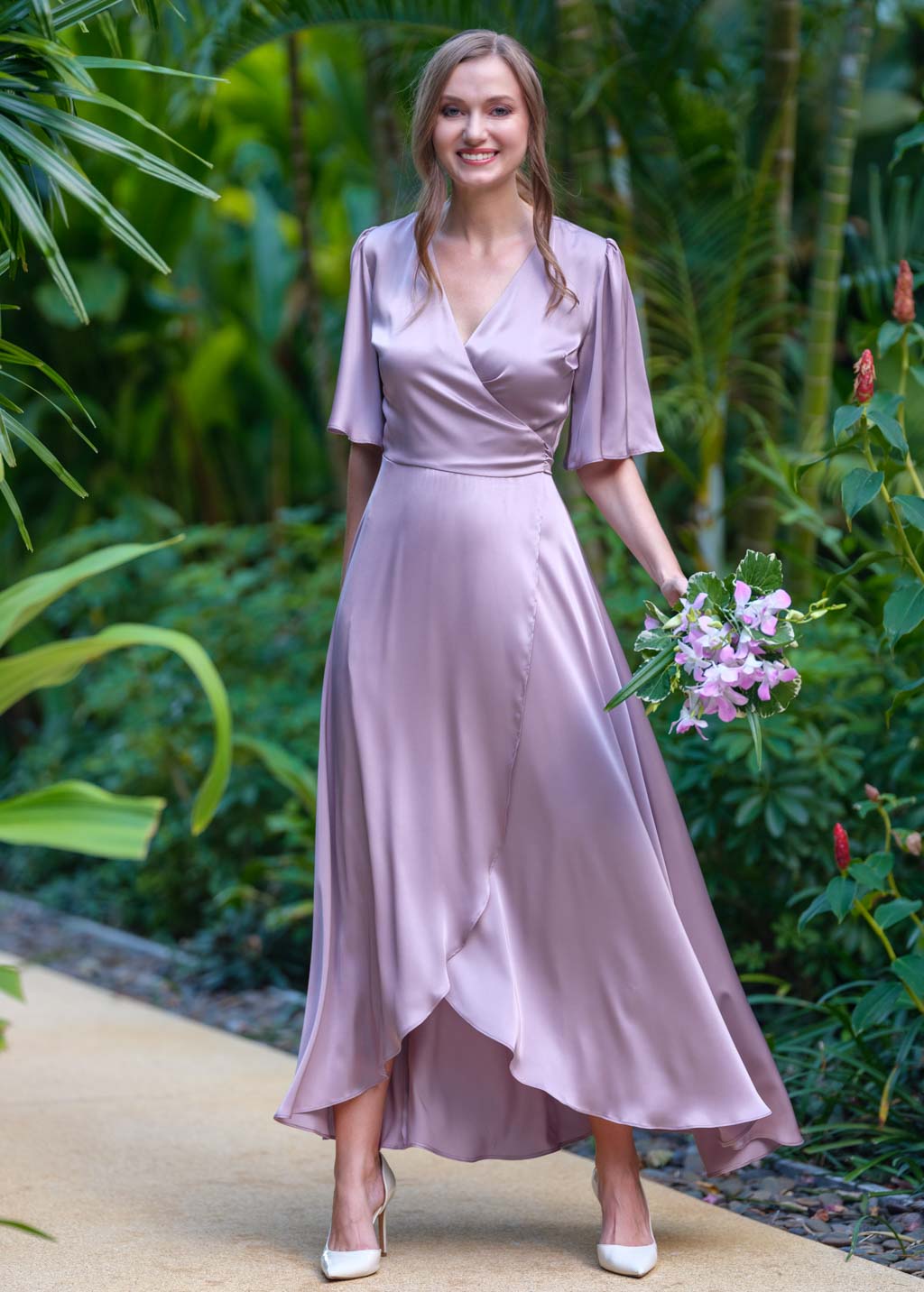 Taupe silk long wrap dress