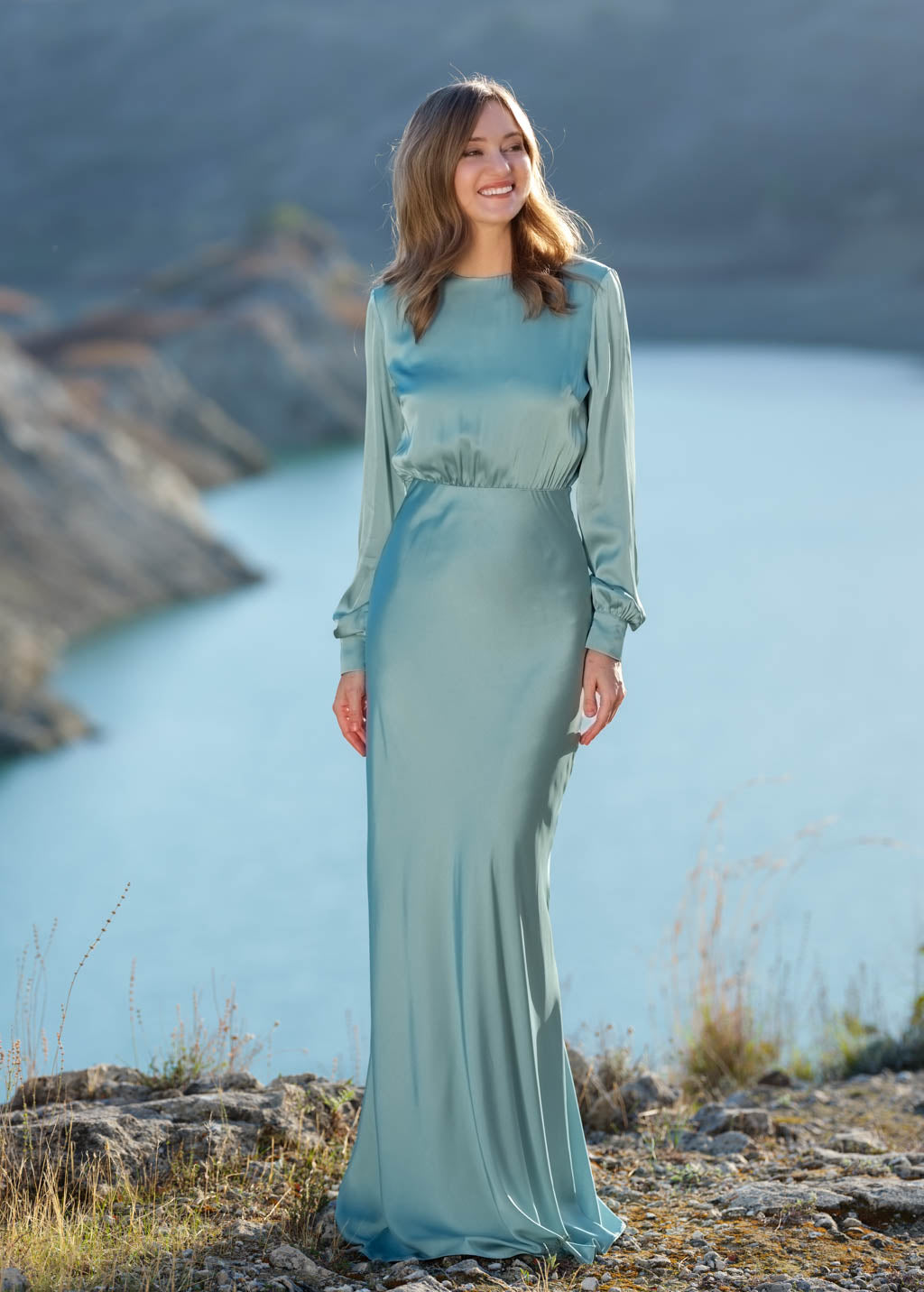 Sage green silk long dress