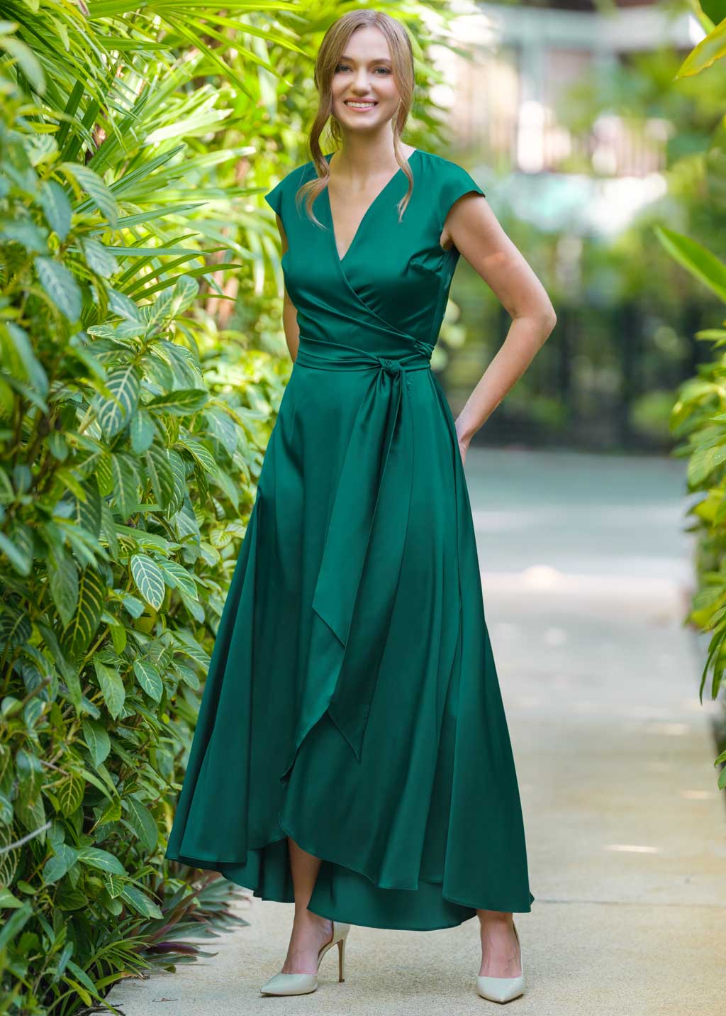 Emerald green romantic wrap dress