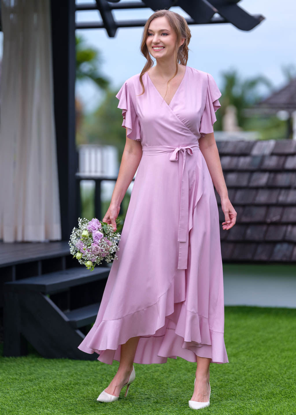 Rose pink romantic wrap dress