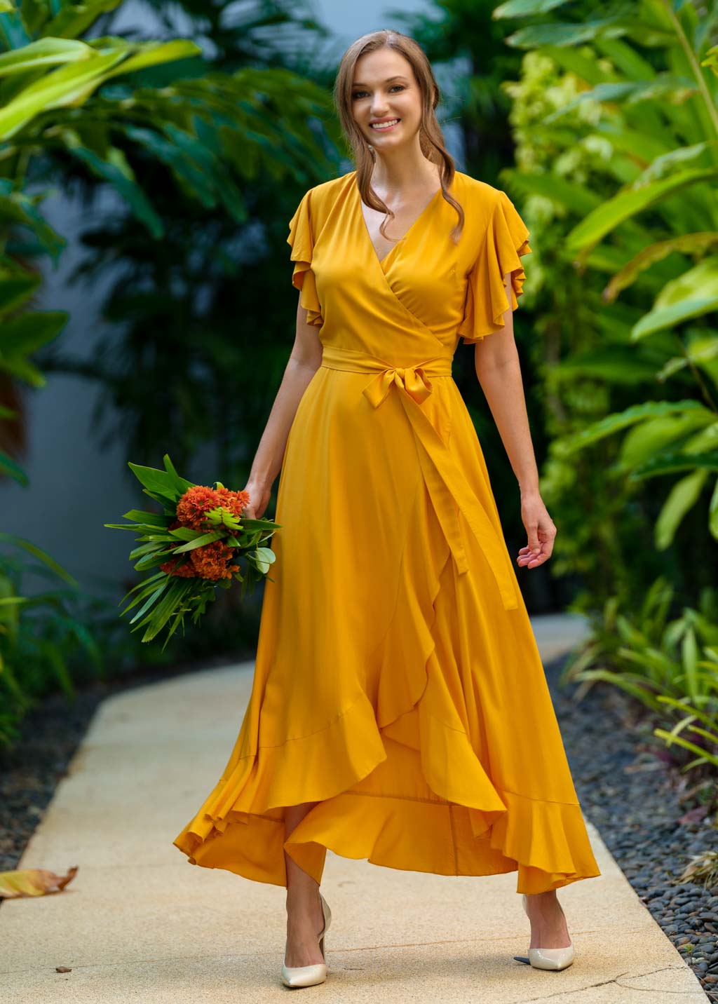 Honey yellow romantic wrap dress