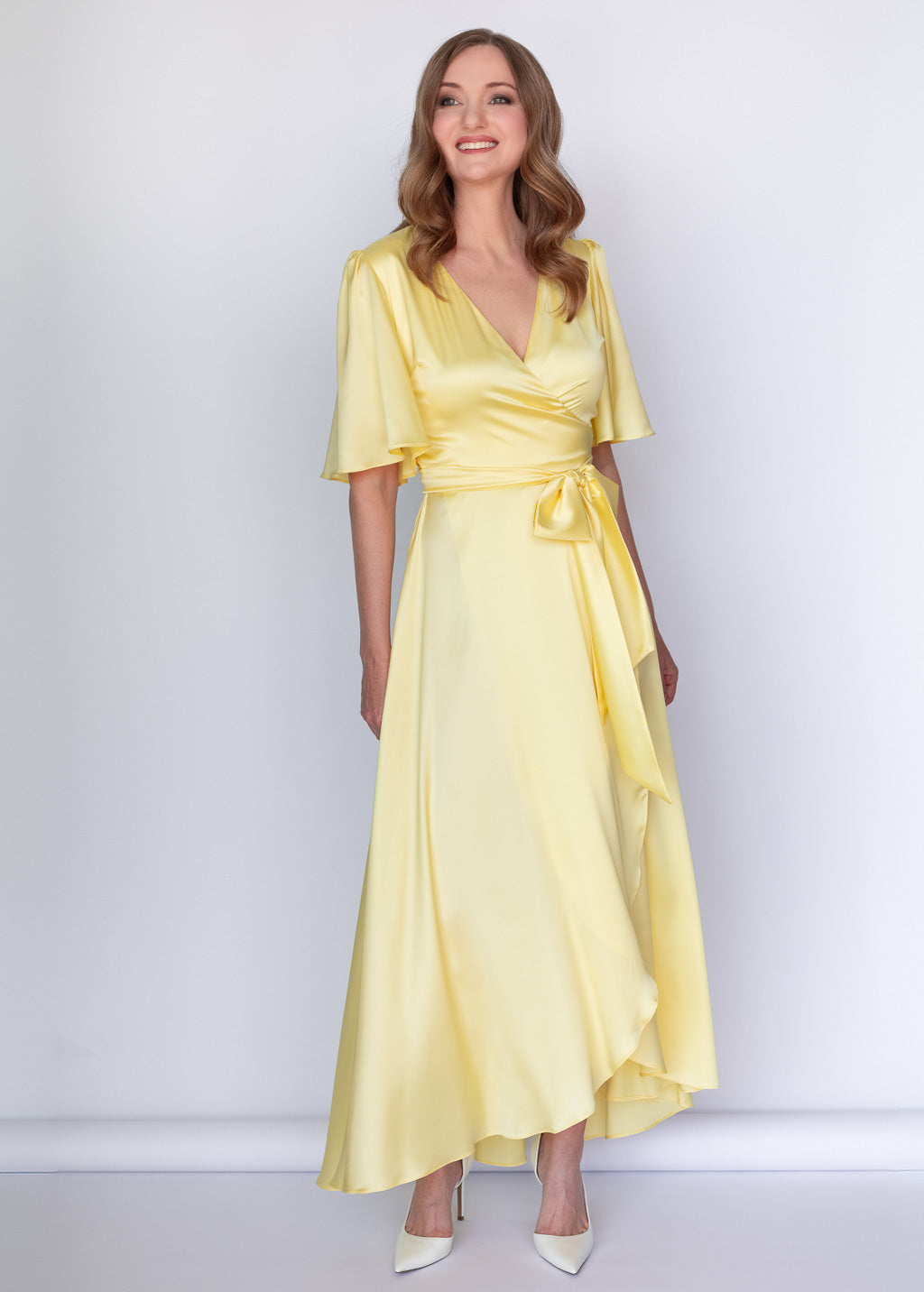 Lemon Sorbet Silk Wrap Dress with Flutter Sleeve