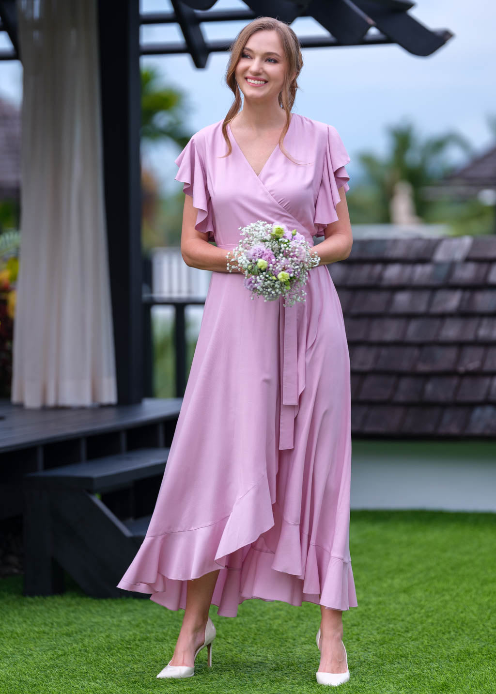 Rose pink romantic wrap dress