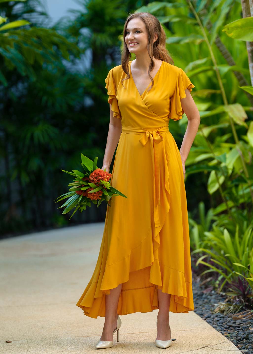 Honey yellow romantic wrap dress