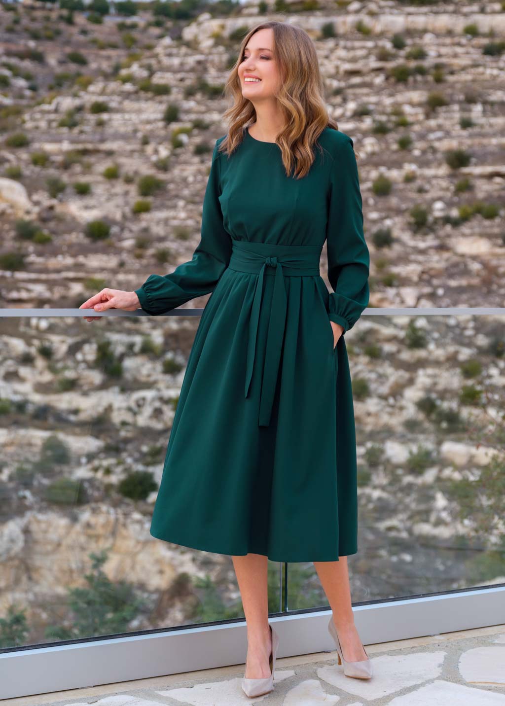 Dark green mid-calf dress with belt & pockets