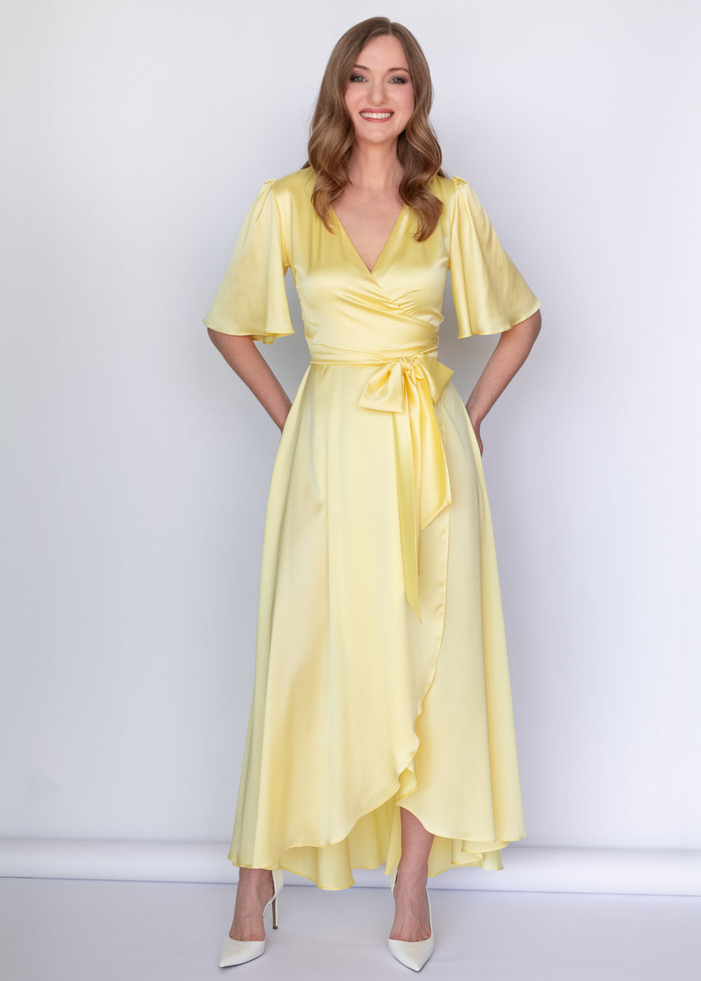 Lemon Sorbet Silk Wrap Dress with Flutter Sleeve