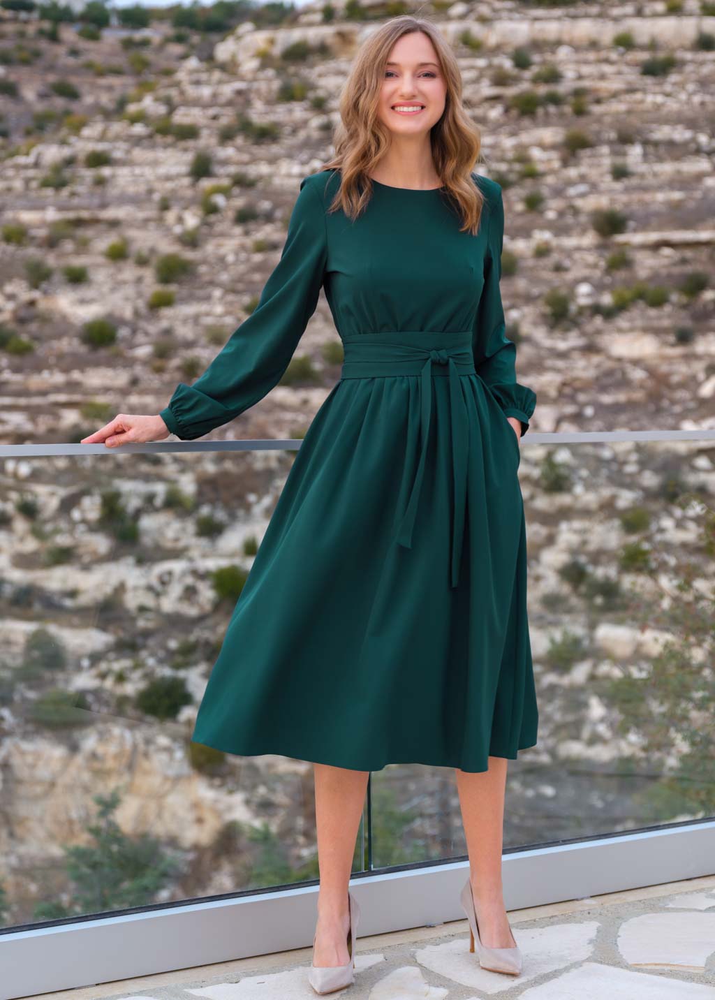 Dark green mid-calf dress with belt & pockets