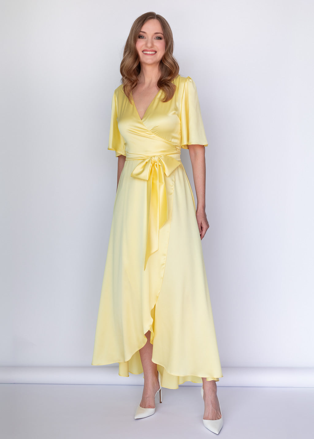 Lemon Sorbet Silk Wrap Dress with Flutter Sleeve