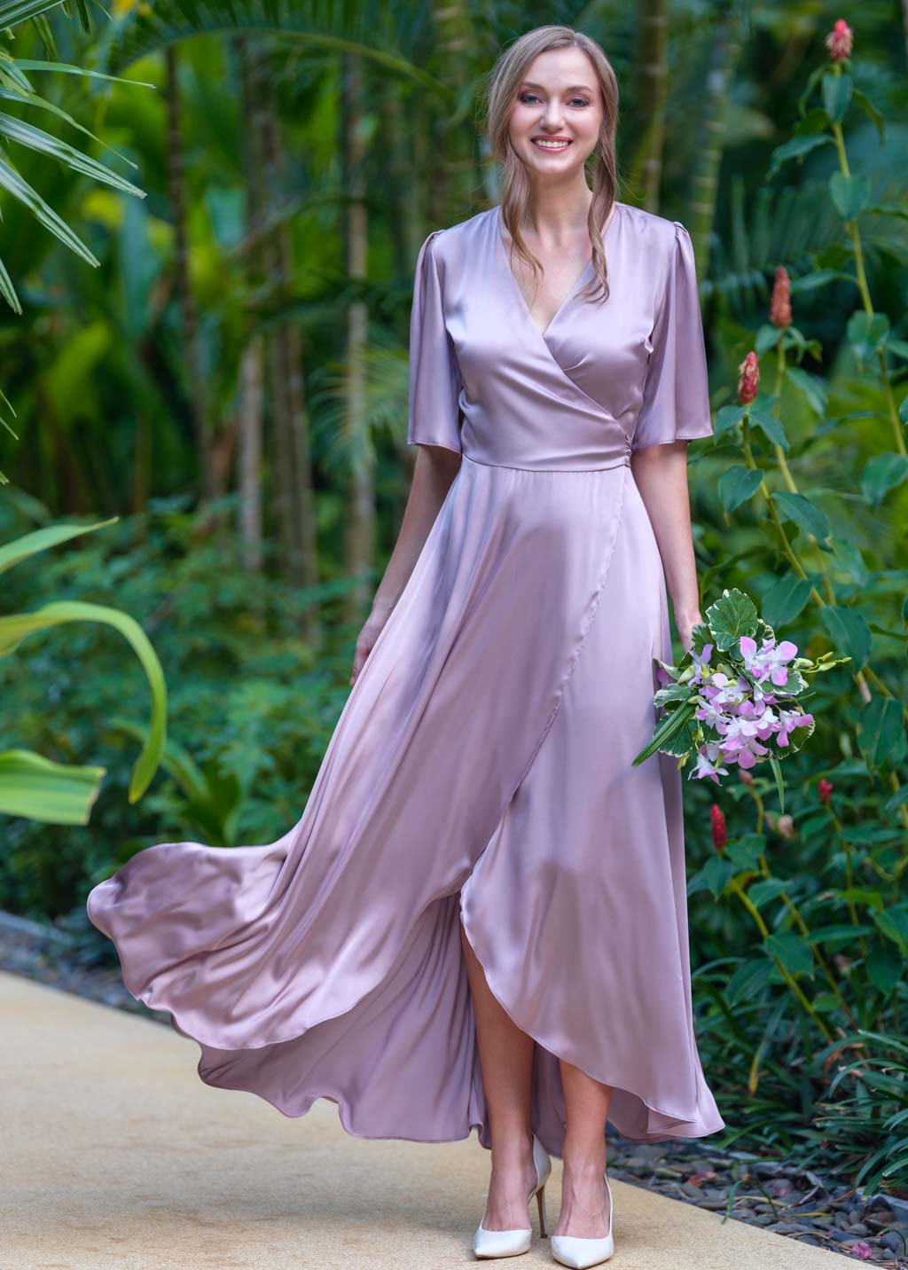 Taupe silk long wrap dress