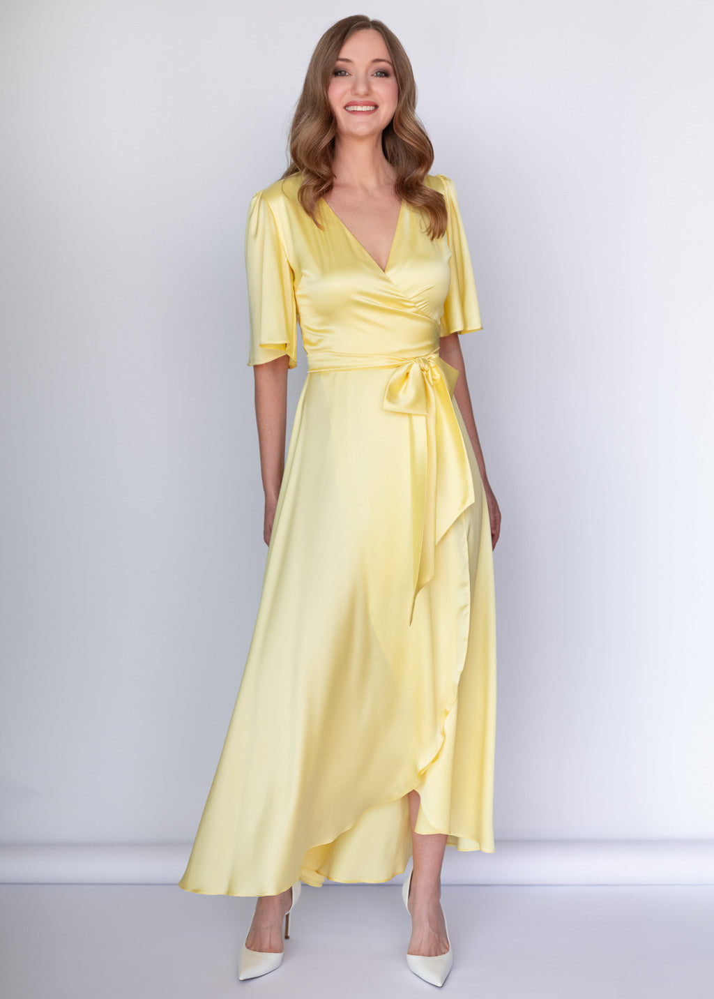 Lemon Sorbet Silk Wrap Dress with Flutter Sleeve