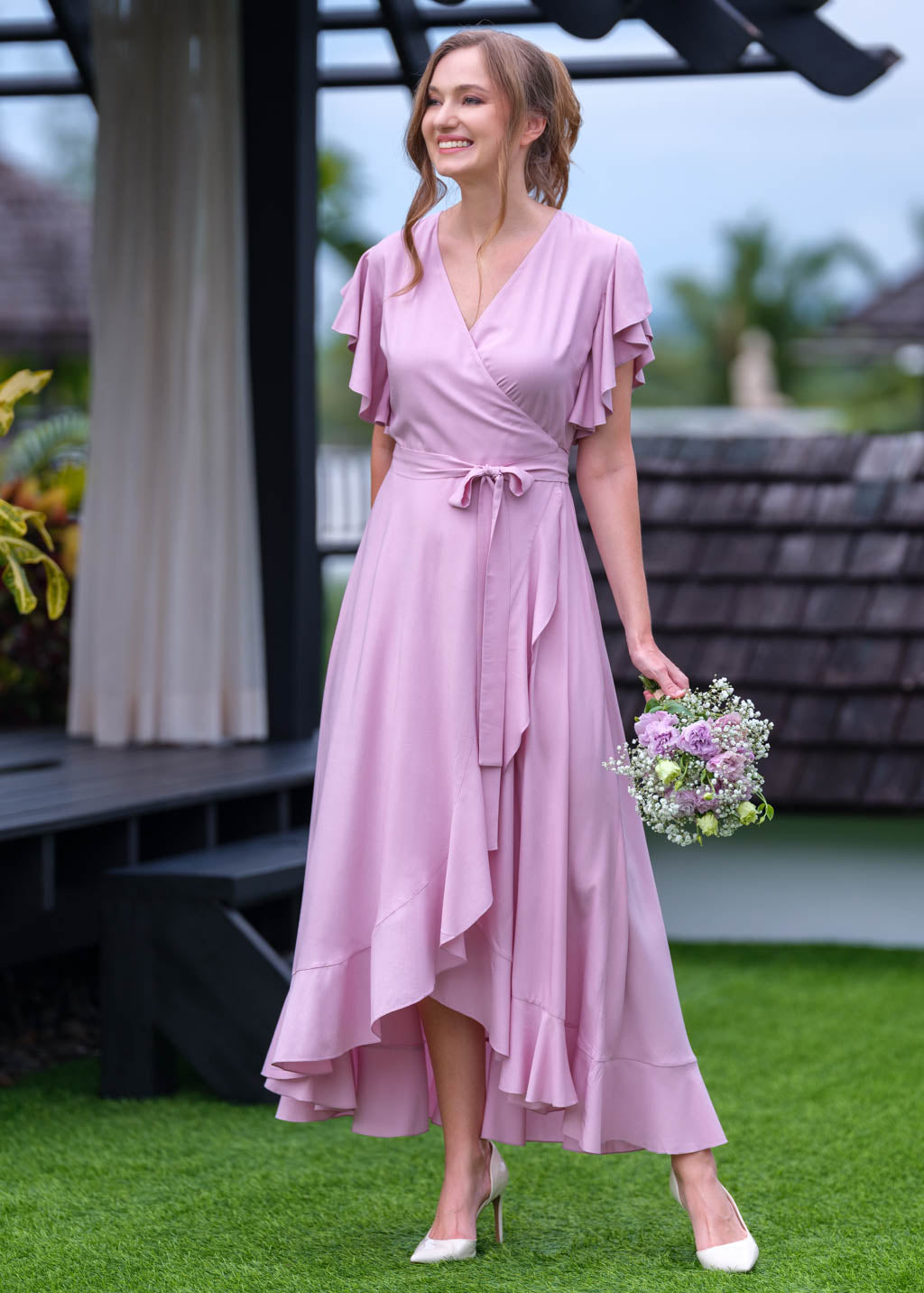 Rose pink romantic wrap dress