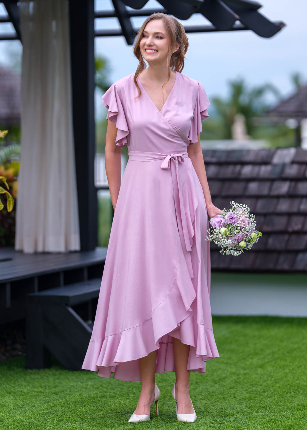 Rose pink romantic wrap dress