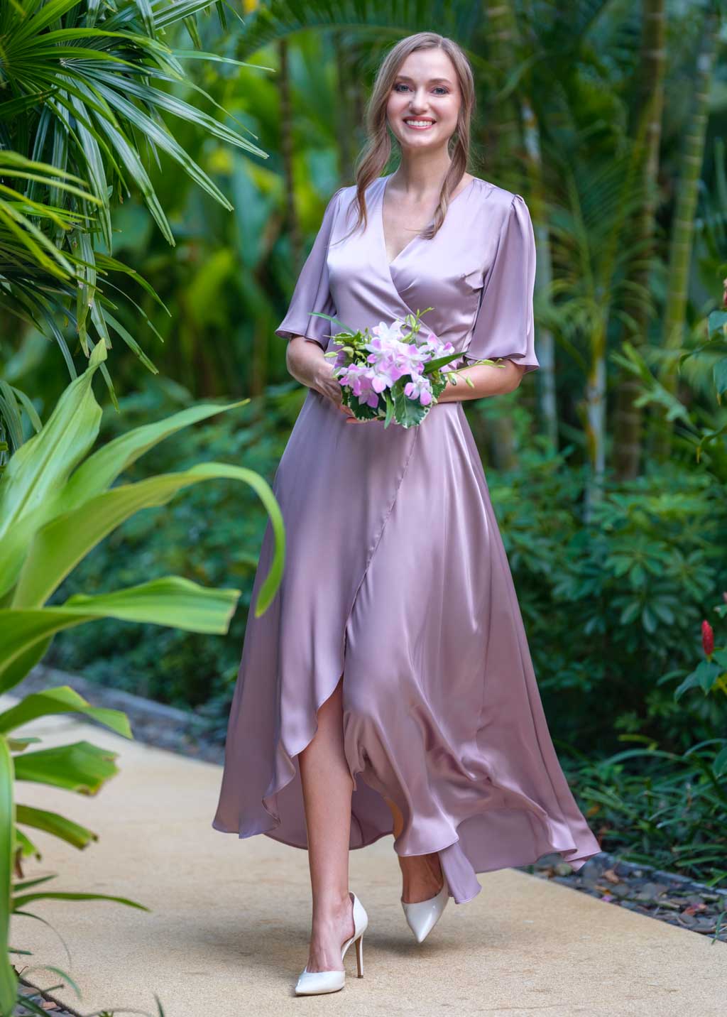 Taupe silk long wrap dress