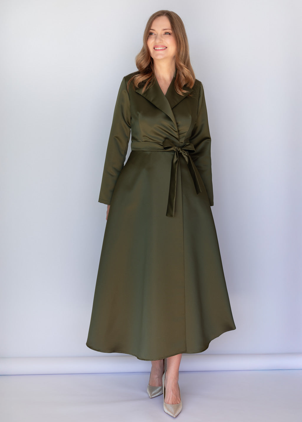 Dark Olive Luxury Satin Wrap Midi Dress