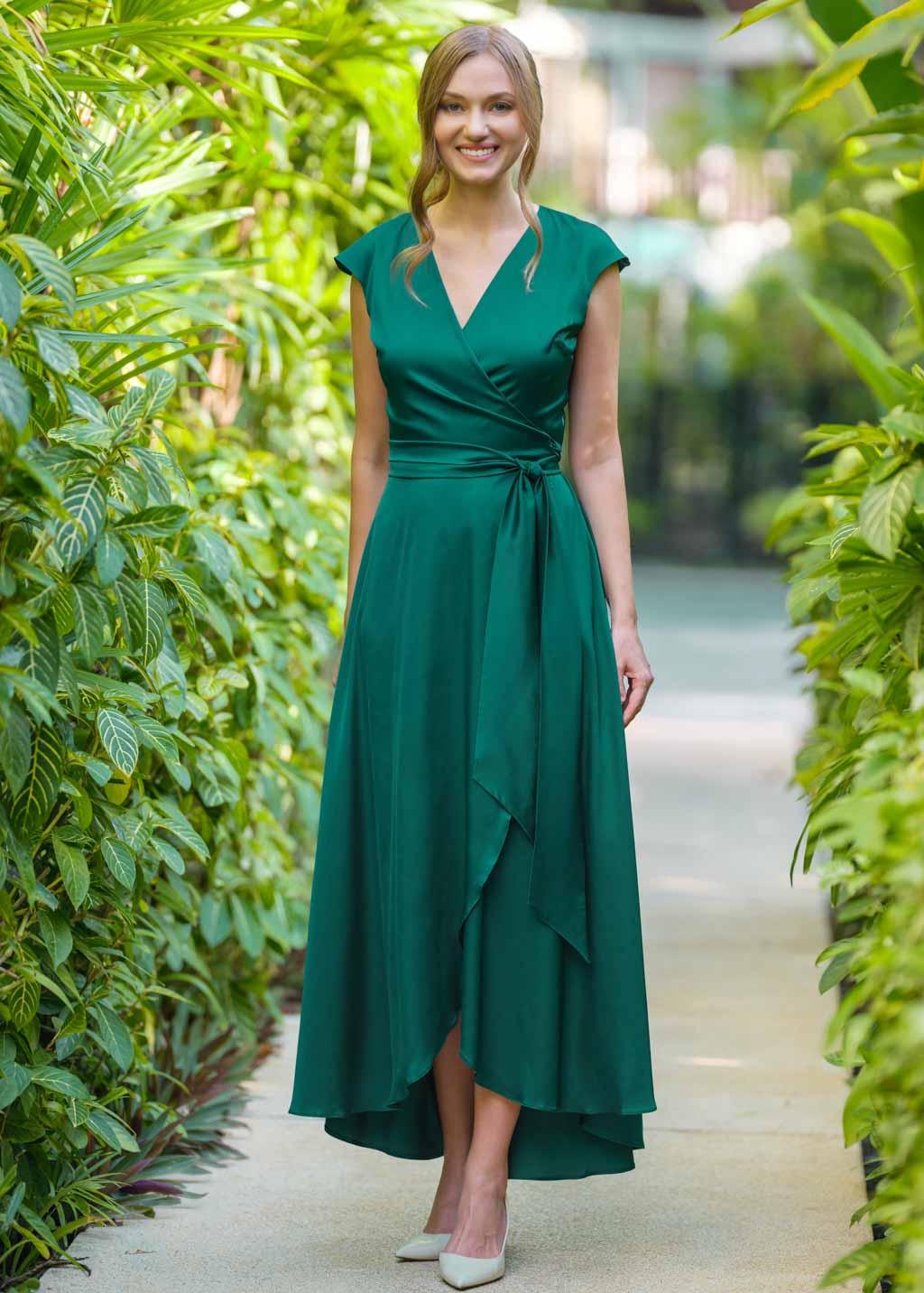 Emerald green romantic wrap dress
