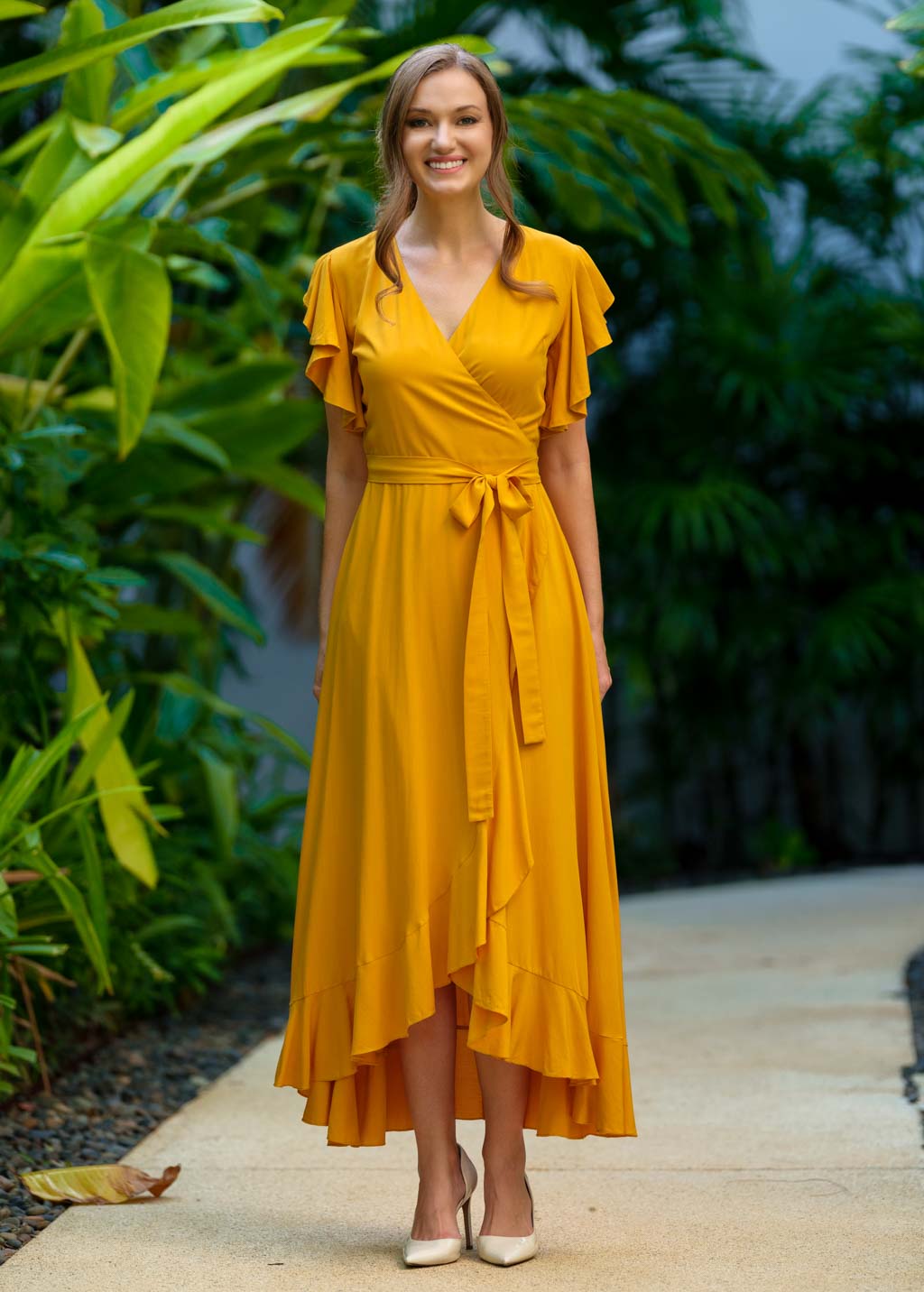 Honey yellow romantic wrap dress