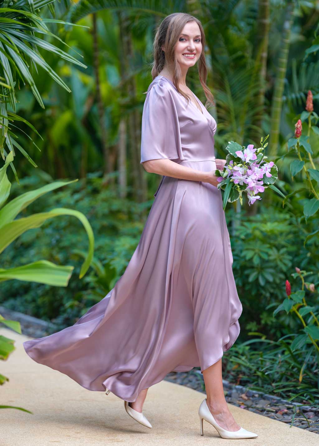 Taupe silk long wrap dress