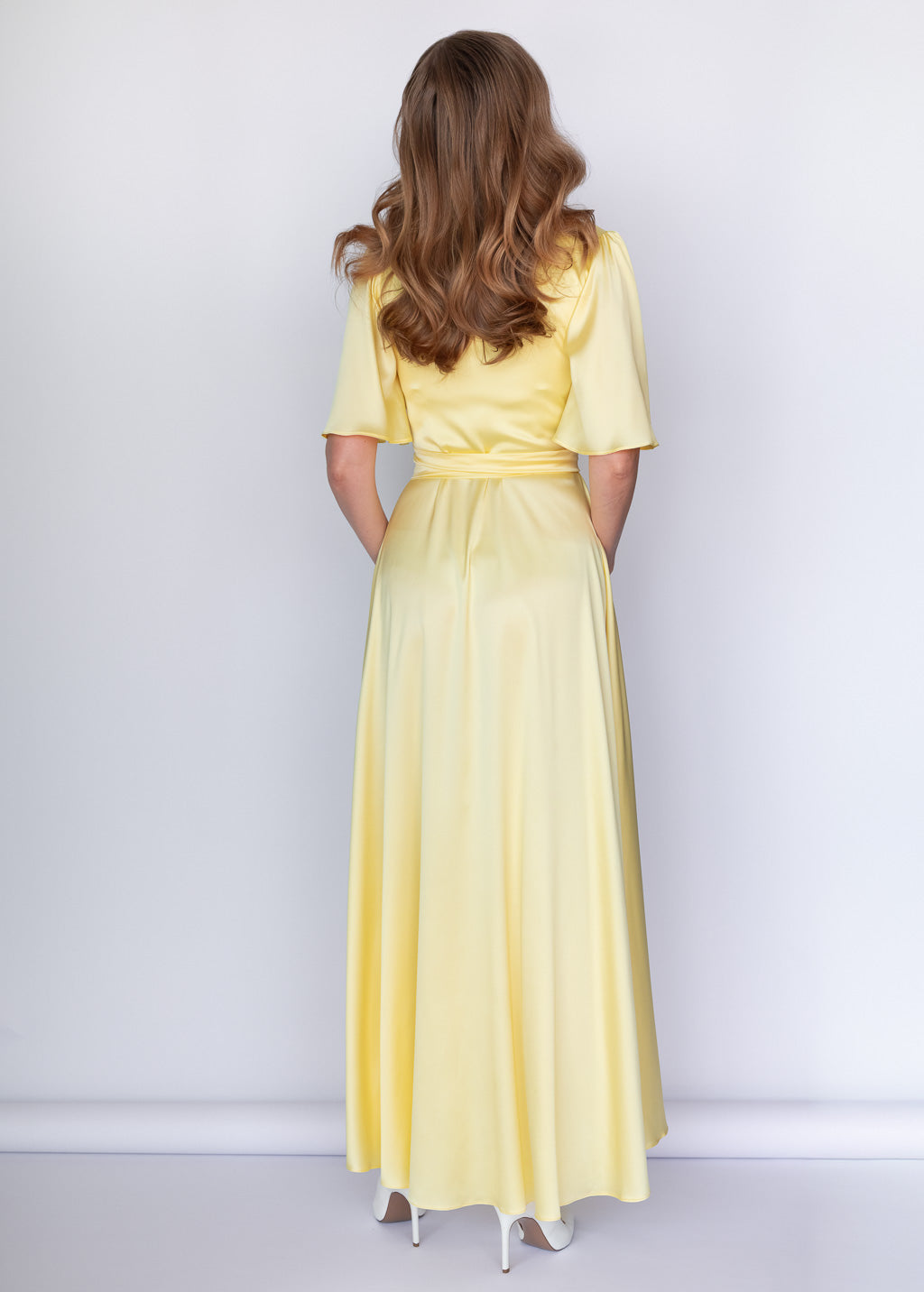 Lemon Sorbet Silk Wrap Dress with Flutter Sleeve
