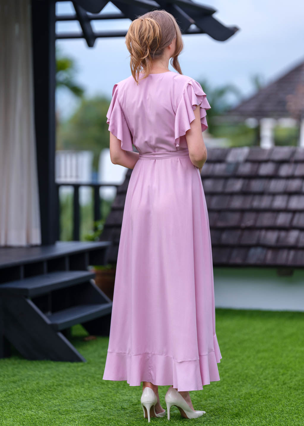 Rose pink romantic wrap dress