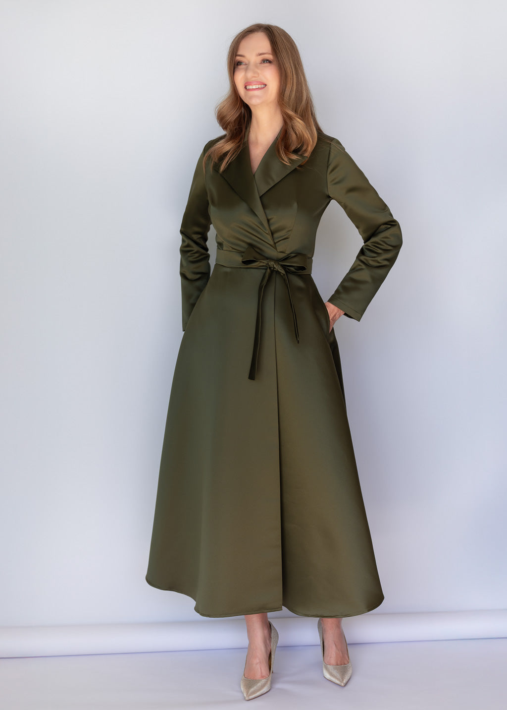 Dark Olive Luxury Satin Wrap Midi Dress