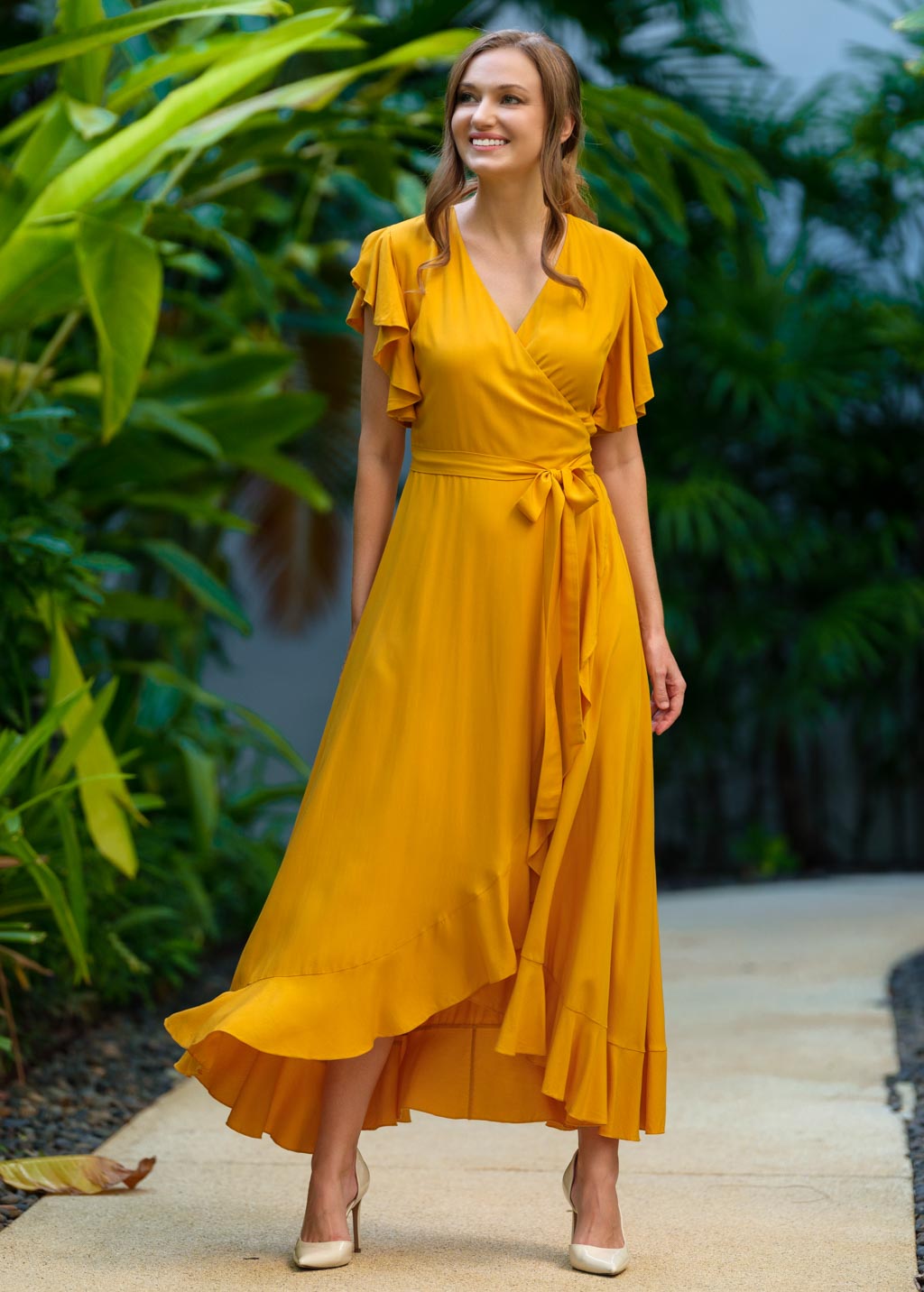 Honey yellow romantic wrap dress