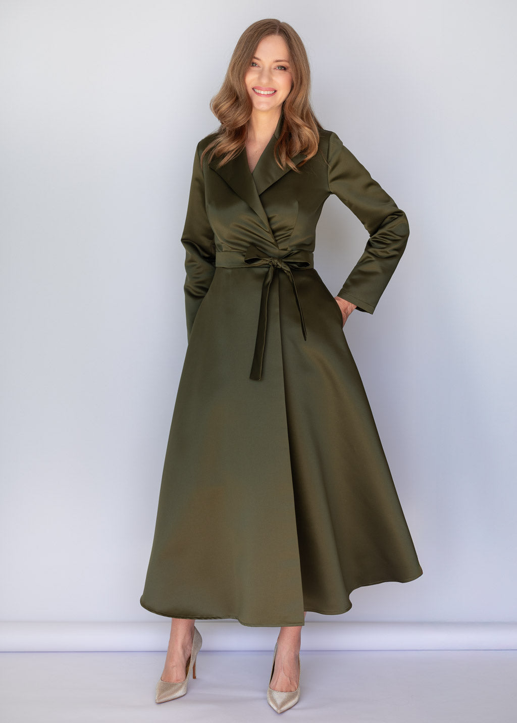 Dark Olive Luxury Satin Wrap Midi Dress