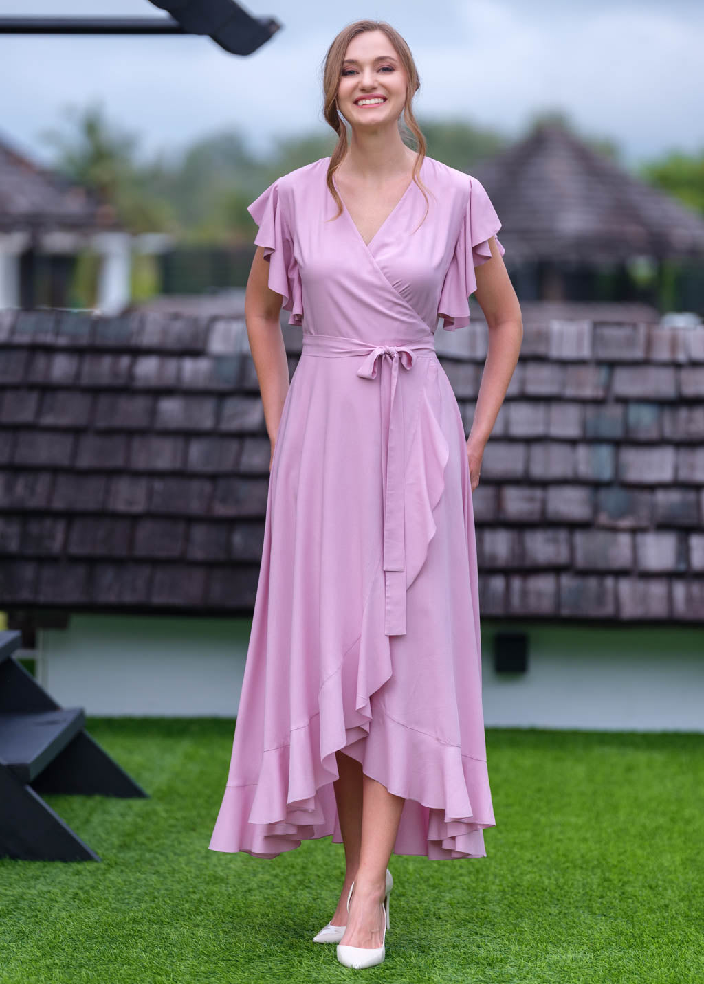 Rose pink romantic wrap dress