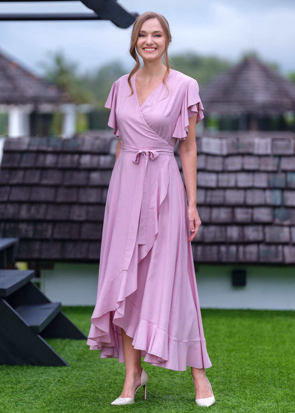 Rose pink romantic wrap dress