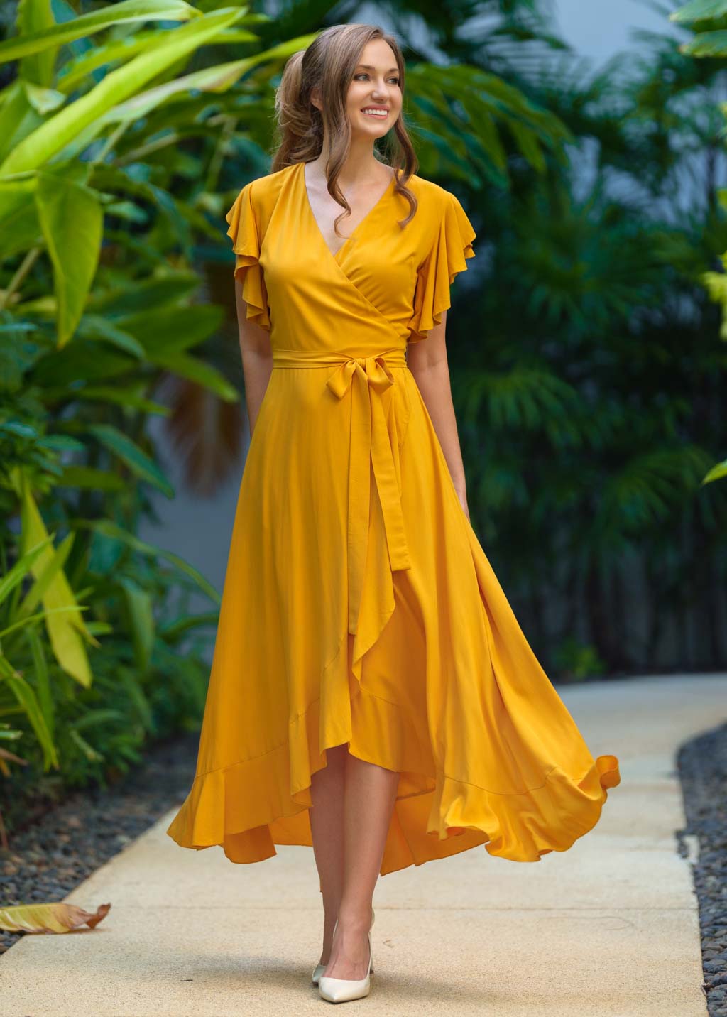 Honey yellow romantic wrap dress