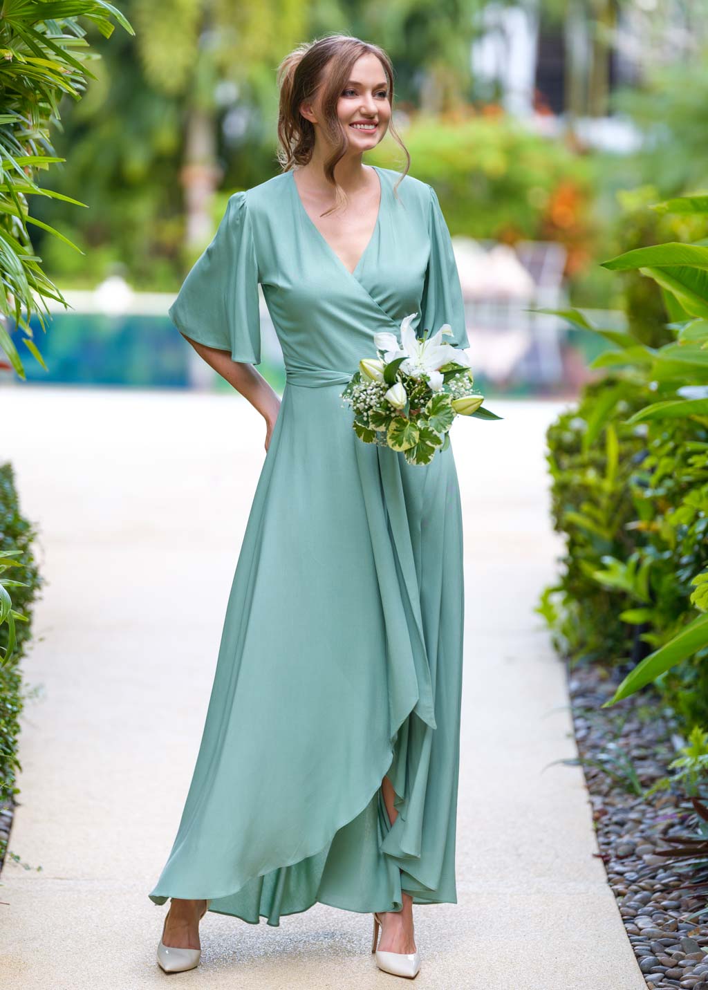Sage Green romantic wrap dress