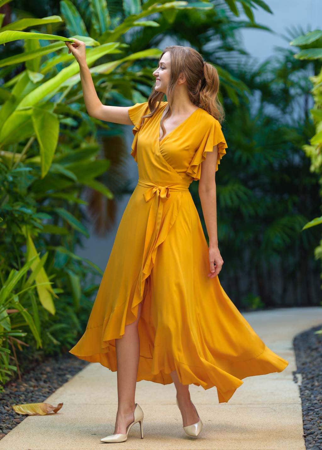 Honey yellow romantic wrap dress